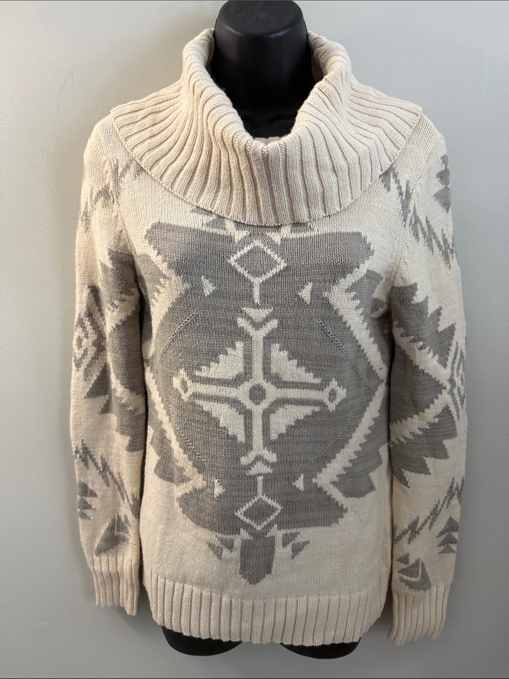 Lauren Ralph Lauren Cream and Light Gray Aztec Cowlneck Sweater